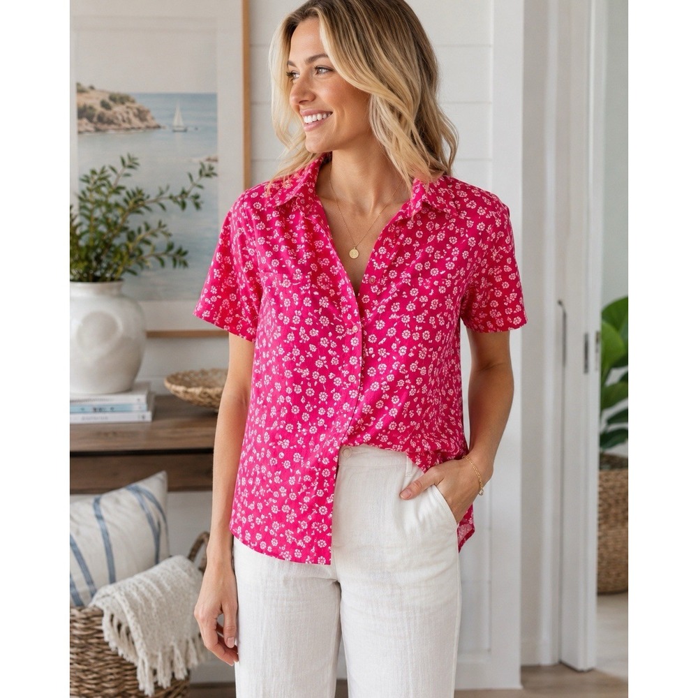 J. Crew Factory  XXS Pink White Floral Button Front Camp‎ Shirt Short Sleeve Top